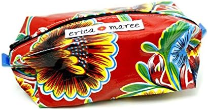 Mexican Oil Cloth Cosmetic Case Floral Red Makeup Travel Pouch Pencil Eyeglass Sunglass Case Zipper Toiletry Bag