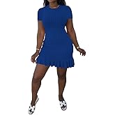 Nimsruc Womens Summer Dresses Short Sleeves Crew Neck Casual Bodycon Mini Dress with Ruffle Hem