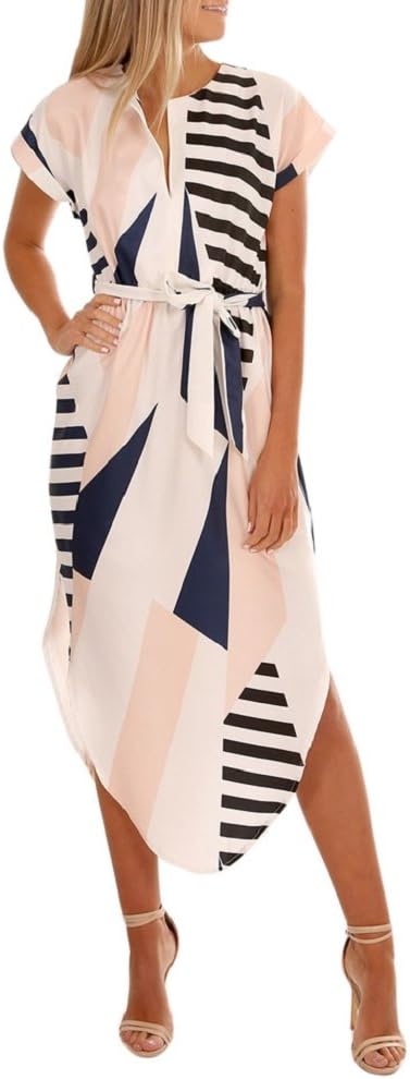 TUDUZ Hot Women Summer Casual Elegant Irregular Hem Short Sleeve V Neck Printed Maxi Dress with Belt
