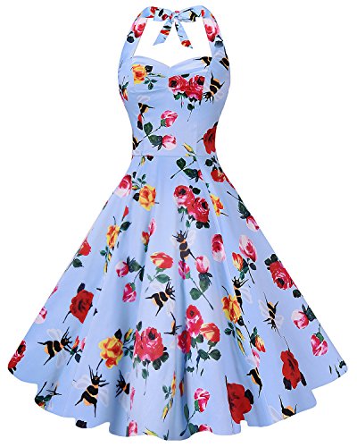 Anni Coco Women's Marilyn Monroe 1950s Vintage Halter Swing Tea Dresses Flower Rose and Bee X-Large