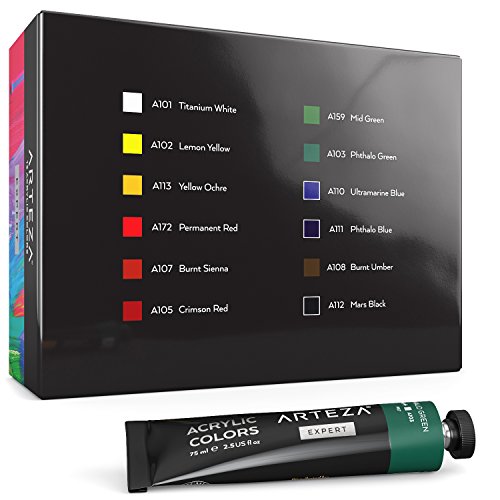 Arteza Expert Acrylic Paint, Set of 12 Colors/Tubes, 75ml/2.53 oz with