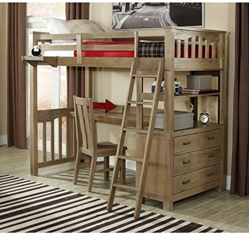 Rosebery Kids Twin Wood Loft Bunk Bed with Desk and Dresser in Driftwood