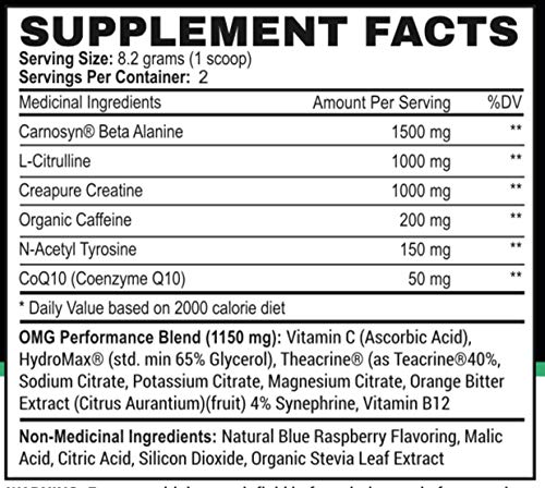 OMG Preworkout Drink for Men and Women-Scientifically Crafted to Help Boost Energy,Stamina,Mental Clarity,Focus and Performance (2 Ser, Blue Raspberry)