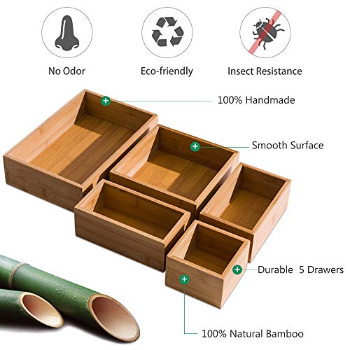 5 Piece Bamboo Drawer Organizer Set, Luxury Wooden Desk Storage Box Kit, Multi-use Junk Drawer Organizer for Office, Kitchen, Bedroom, Children Room, Craft, Sewing