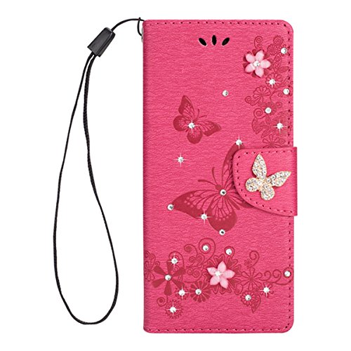 Galaxy Note 8 Case [Free Tempered Glass Screen Protector],Mo-Beauty Premium Handmade Bling Diamonds Gems Butterfly Design PU Leather Stand Flip Wallet Case Cover For Samsung Galaxy Note 8 (Rose pink)