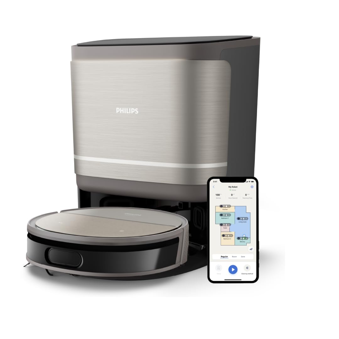 Philips 9000 Series Saug- und Wischroboter - mit automatischer Staubabsaugstation, rollender Wischmop, 8000 Pa Saugleistung, 6300 mAh Akkukapazität, 300ml Staub- und 260ml Wasserbehälter (XU9100/10)