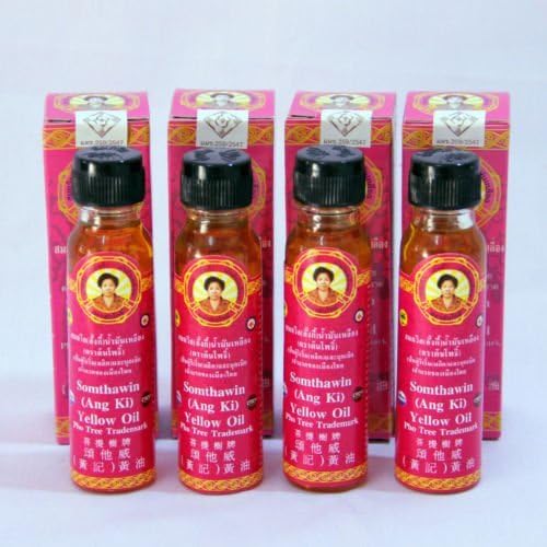 "THAI SILVER" 4x bottles Angki Somthawin Hotel Spa Natural Thai Aroma Herb Yellow Oil 24cc Best Price Made From Thailand