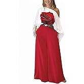 CHICME 2 Piece Sets for Women Off Shoulder Lantern Sleeve Top Flowy Rose Print Wide Leg Pants Set