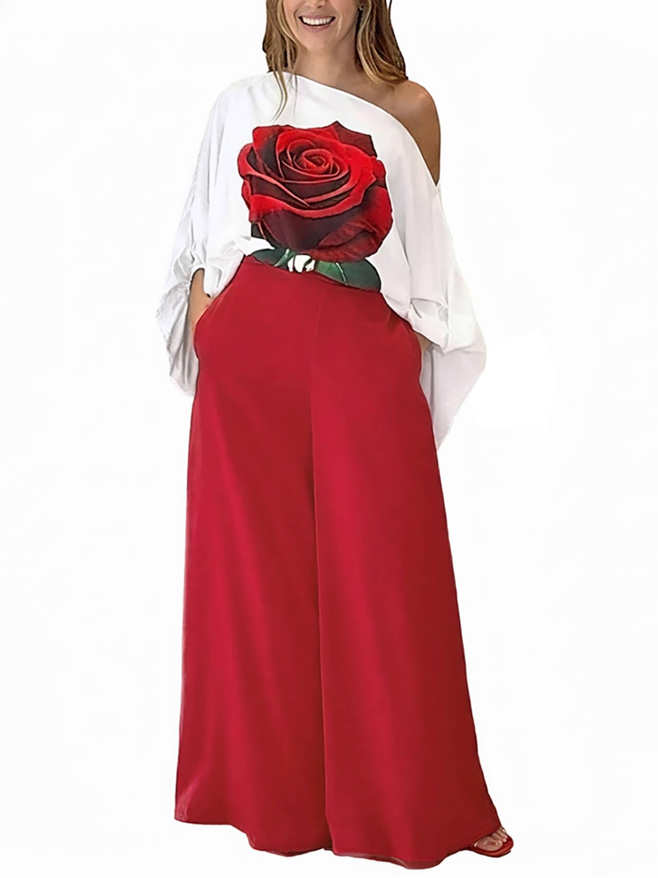 Photo 1 of CHICME Women Two Piece Sets Off Shoulder Rose Print Lantern Sleeve Top Flowy Wide Leg Pants Set-r-XL