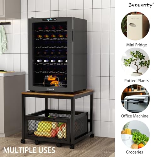 Beauenty Mini Fridge Stand, Beverage Fridge Table, 19.7" x 19.7" Mini Refrigerator Cart with Storage Drawer Basket, Coffee Bar Refrigerator Stand for Office Home Apartment