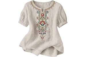 Boho Linen Tops for Women 3/4 Sleeve Embroidered Tops Mexican Peasant Dressy Casual Summer Vacation Beach Shirts