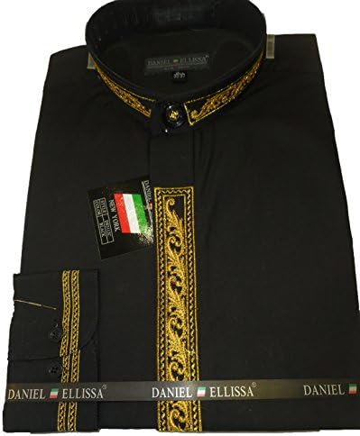 Daniel Ellissa Mens Black Gold Detail Collarless Collar Dress Shirt DS3112C (M 15.5 collar 33/34 sleeve)