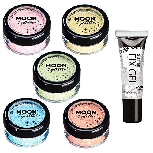 Pastel Glitter Shakers by Moon Glitter â€“ 100% Cosmetic Glitter for Face, Body, Nails, Hair and Lips - 0.10oz - Set of 5 colours