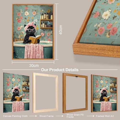 Framed Picture Modern Funny Black Cat Picture Decoration Cute Black Cat Bathing Canvas Painting Picture Decorative Pictures Living Room Bedroom Bathroom Toilet Children's Room 30 x 40 cm