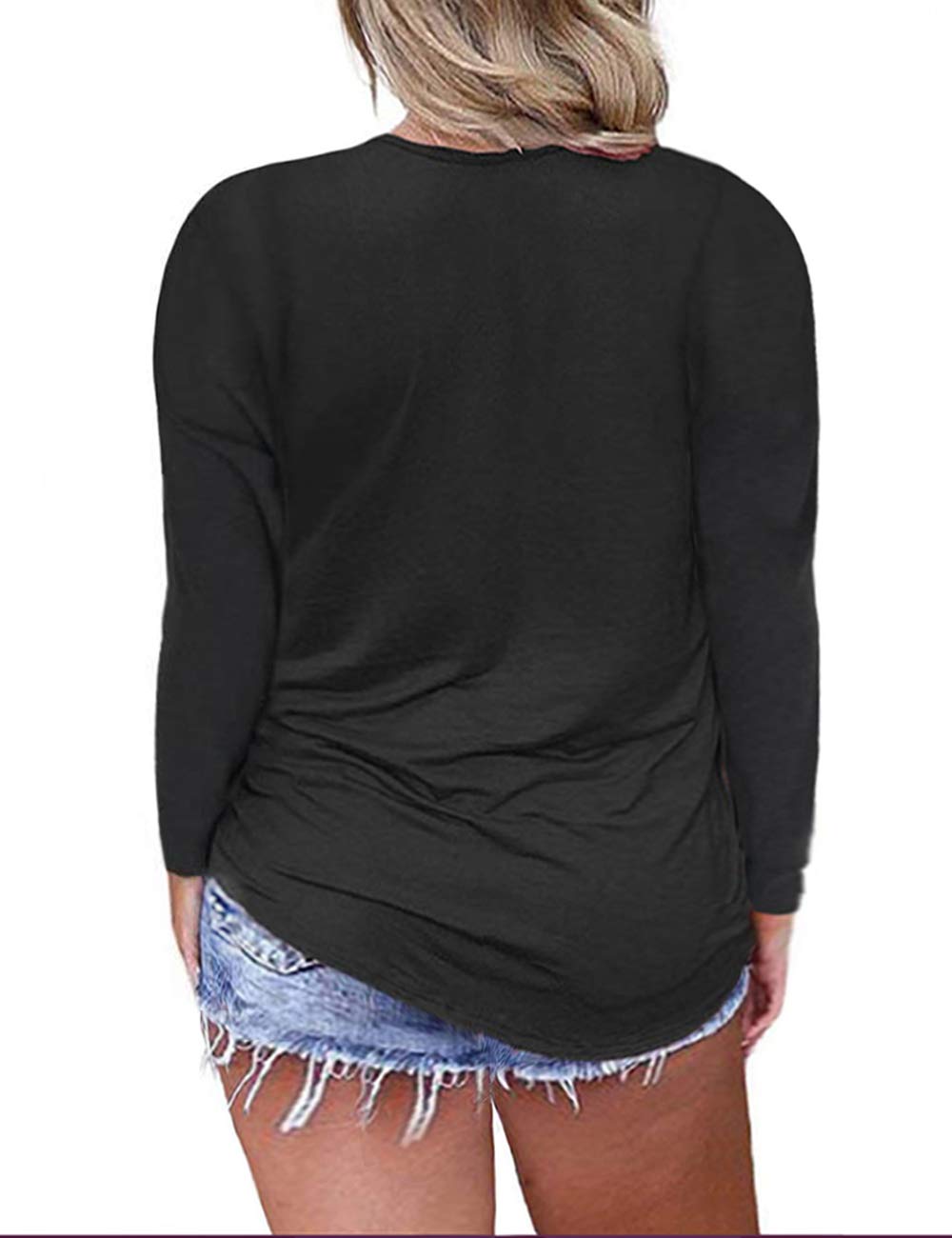 caidyny Womens Plus-Size Sexy V-Neck Tops, Causal Long Sleeve Soild Color Tunic Shirts(Black,1XL)