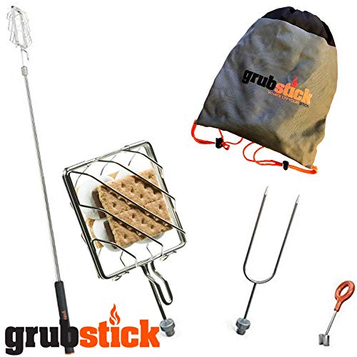 Grubstick- Smores Stick for Fire Pit 4 Piece Smores Kit + Free Bag | Camping Skewers 37" Telescoping Skewer | Marshmallow Sticks, Hot Dogs, Smores - Heavy Duty Steele Dishwasher Safe