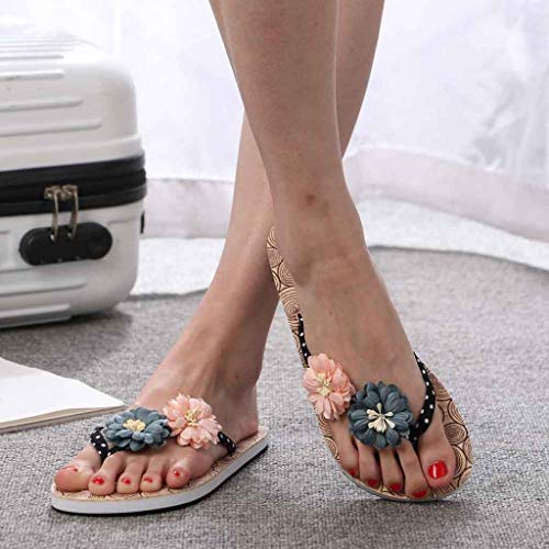 Summer Beach Slippers, Ladies Floral Flower Print Sandals Casual Slip On Wooden Shoes Flip Flops Platform Slippers Red Black (6.5 B(M) US, Black)