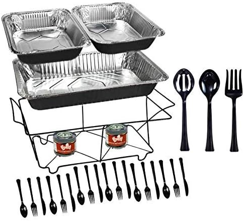 Amazon Com Tiger Chef 33 Piece Black Food Warmer Chafing Dish Buffet Set Disposable Chafing Dishes With Colorful Baking Pans Fuel Gel Burns 2 5 Hours Serving Utensils And Plastic Cutlery Kitchen Dining