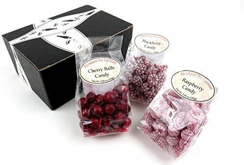 Hermann the German Bavarian Hard Candy 3-Flavor Variety: One 5.29 oz Bag Each of Blackberry, Raspberry, and Cherry in a BlackTie Box (3 Items Total)