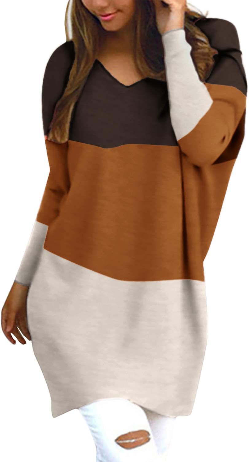 Style Dome Womens Jumper Dress V Neck Long Sleeve Jumpers Color Block