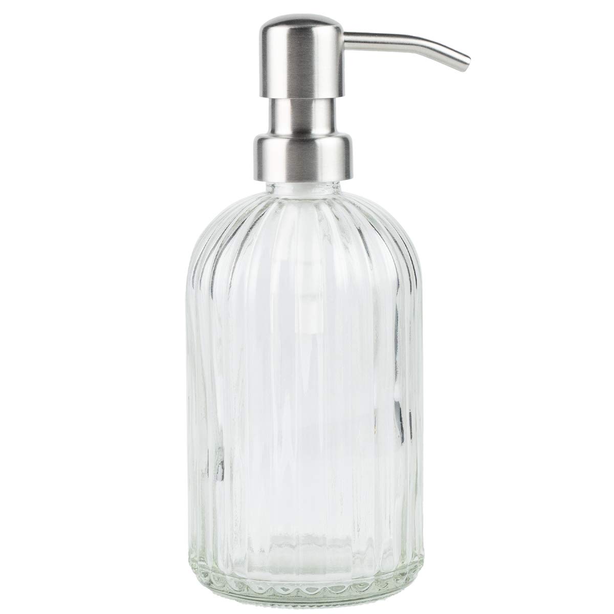 Plomkeest Glass Soap Dispenser 420ml Clear Glass Jar Soap Dispenser with Stainless Steel Pump Liquid soap dispenser for bathroom, kitchen decor