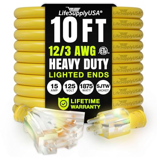 Photo 1 of 10ft Outdoor/Indoor Extension Cord 3-Outlet 12/3 Gauge Extra Heavy Duty ETL Listed, 3 Prong SJTW, Waterproof, Flexible Cold-Resistant Long Power Cord,15A 125V 1875W, Yellow by LifeSupplyUSA