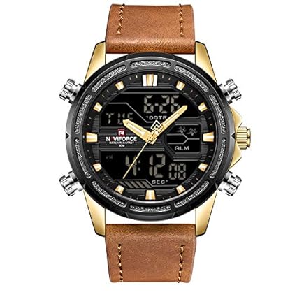 NAVIFORCE Genuine Leather Chronograph Analog Digital Wristwatch for Men - Brown Golden + Kids Sport Watch
