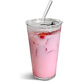 Olvini 15oz Glass Tumbler with Straw and Lid, Cute Iced Coffee Cups, Aesthetic Glass Cups, Coffee Tumbler, Water Cup, Matcha Cup, Drinking Glasses (Clear)