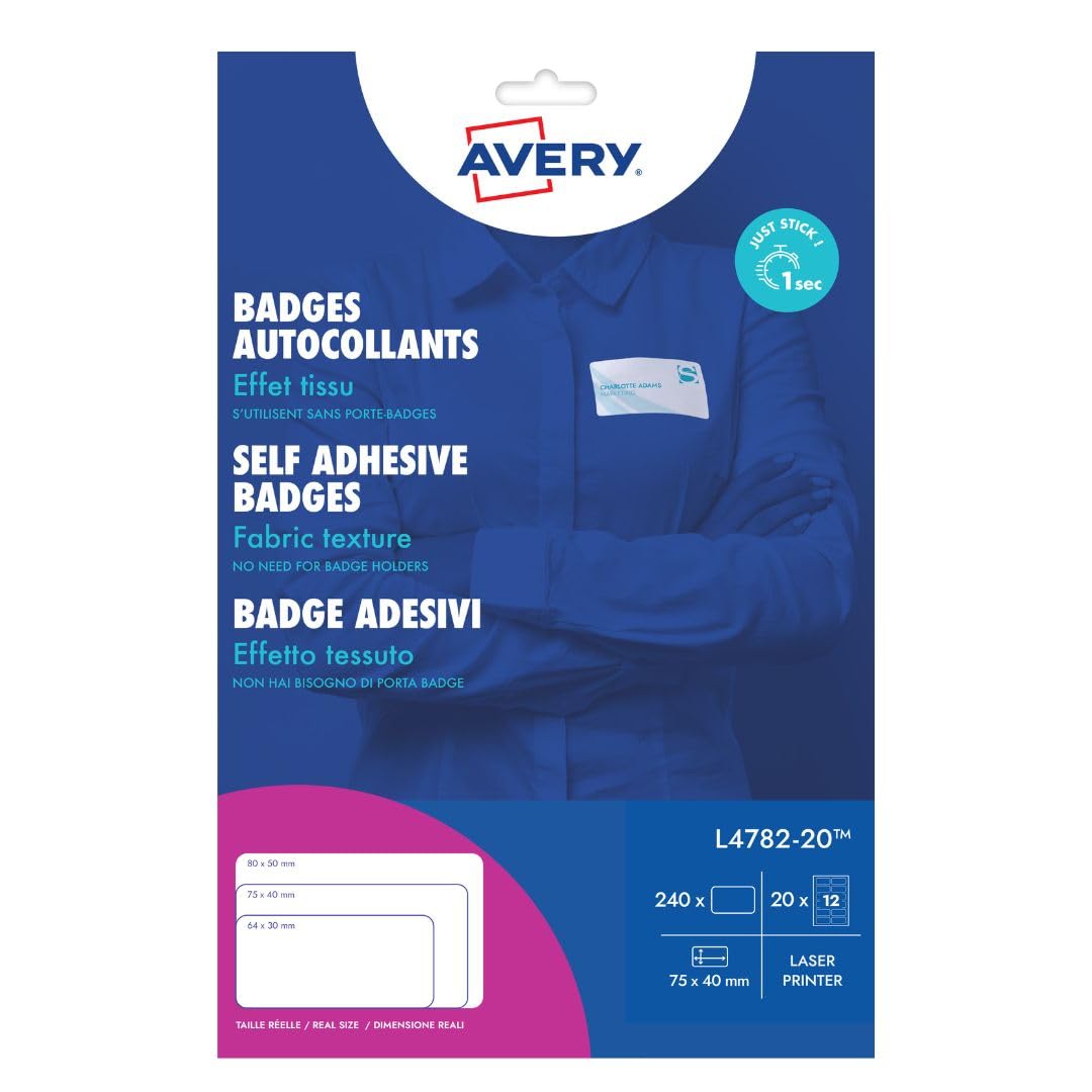 Avery L4782-20 Printable Silk Acetate Name Badges, 75 x 40 mm, White, 240 Self-Adhesive Badges, Laser Printer Compatible, Removable, PVC-Free