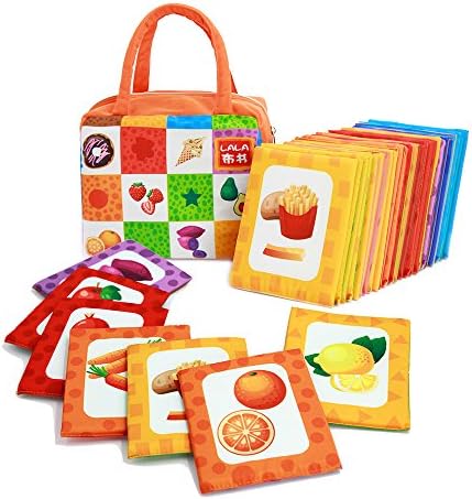 LALATOY Cloth Cards for Baby,Fabric Activity cards,Soft Activity Baby Cards,26Pcs Handmade Educational Toys for Baby, Toddler,Interactive Baby Shower Gifts (Food and Color)