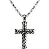 Zoe's Jewelry Mens Cross Pendant Necklace with 2mm Popcorn Chain, Pendant with Chevron Pattern, 27" Long Chain, Protection Symbol, Stainless Steel, Silver