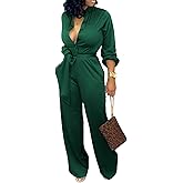 SxClub Jumpsuits for Women Formal Sexy Elegant Long Straight Pants Busineess Party Jumpsuit with Belt Pockets