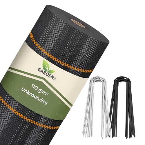 GARDENIX Weed Control Fabric with 50 Anchors 60 m² (0.6 m x 100 m) - Water Permeable 110 g/m² - Black UV-Resistant Weed Control Fabric, Weed Control Film, Floor Fabric, Underbody Fabric