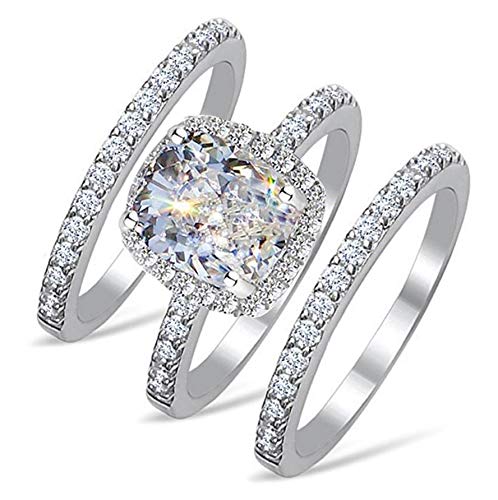 Venetia Realistic Top Grade 2.0 Carats Supreme Rectangular Emerald Cushion Cut NSCD Simulated Diamond Ring Band 3 Pcs Set 925 Silver Platinum Plated Princess Wedding