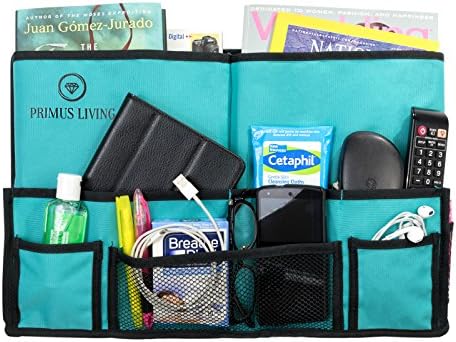 Primus Living Hanging Bedside Caddy Organizer (19 x 11 x 3 Inches) - Strong Velcro, Durable Stitching, 10 Pockets, Turquoise &amp; Black