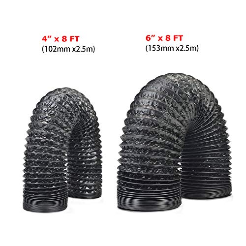 LOOTICH Strong 4" Air Duct 8 FT Long Black PVC Flexible Aluminum Ducting with 2 Stainless Steel Clamps 4 Layer HVAC Ventilation Hose for Grow Tents Dryer Rooms House Vent Register Lines