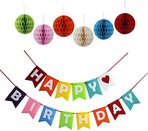 Lalago Happy Birthday Banner, Happy Birthday Decoration Banner With Colorful Tissue Pom Pom Balls / Stylish Honey Comb Balls