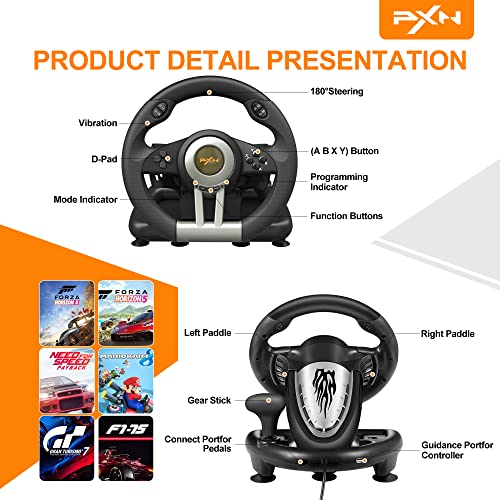 PXN Racing Wheel Gaming Steering Wheel for PC, V3II 180 Degree Driving