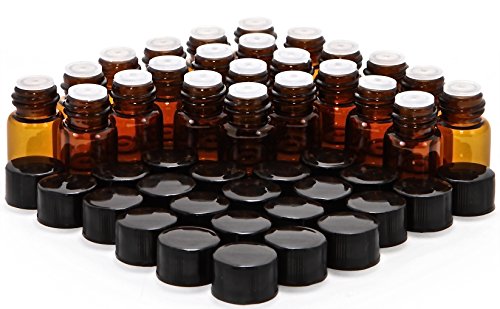 24, Amber, 2 ml (5/8 Dram) Glass Bottles, with Orifice Reducers and Black Caps
