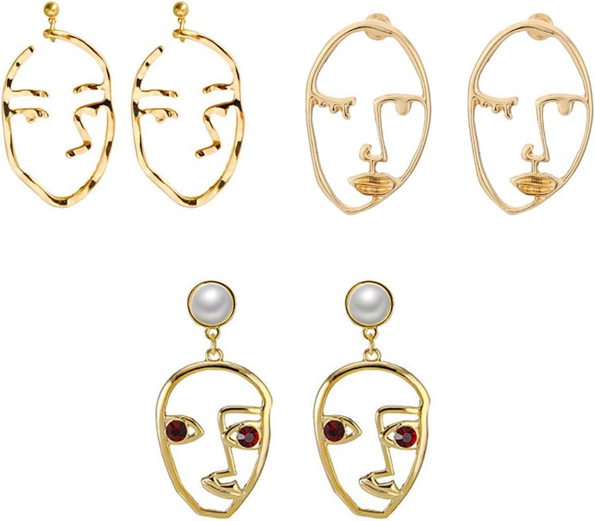 3 Pairs Human Face Design Earrings Dangle Stud Earrings Hollow Out Charms Hoop Earrings