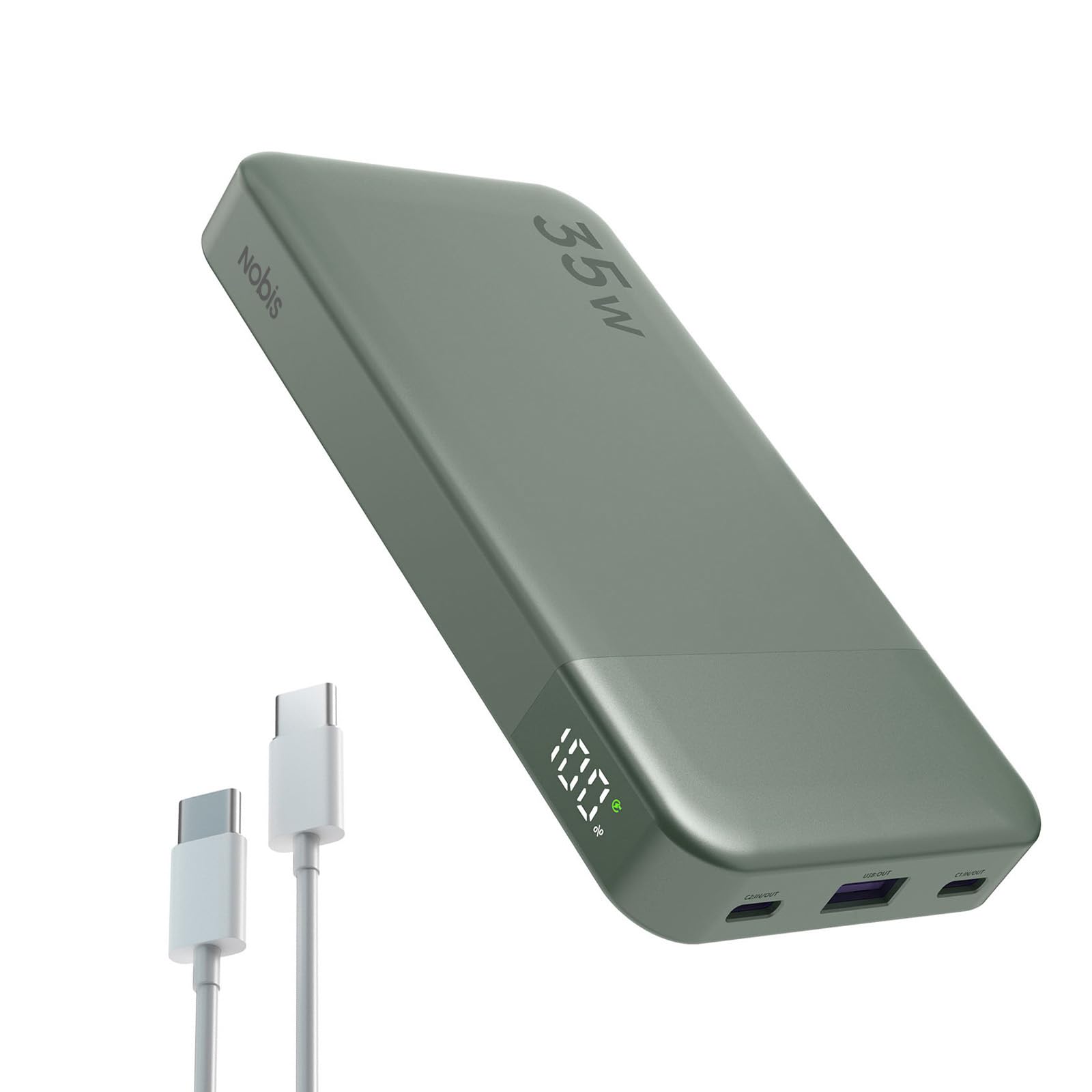 NOBIS Portable Charger, 10000mAh Power Bank Fast Charging, Battery Pack with C to C Cable, Battery Bank with Digital Display for iPhone iPad Android etc (Green, 35W)