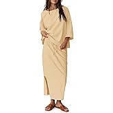 Tankaneo Womens 2 Piece Skirt Sets Oversized 3/4 Sleeve Top and Maxi Skirt Fall Matching Outfits Travel Vacation Set