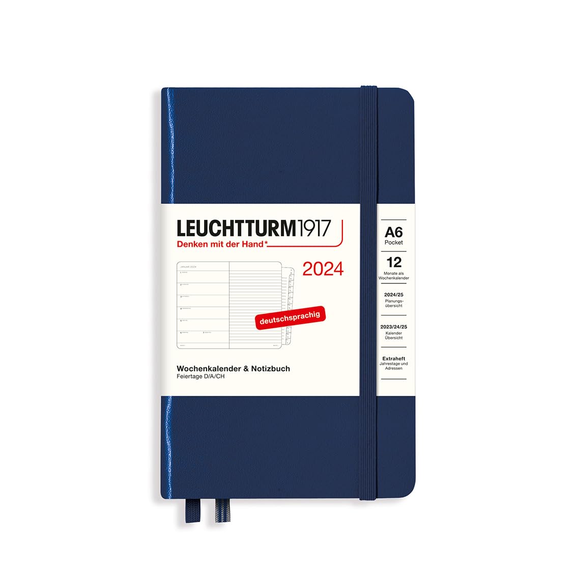 LEUCHTTURM1917 367733 Weekly Calendar & Notebook Pocket (A6) 2024, with Extra Book for Addresses and Anniversaries, Navy, German, 12 Months