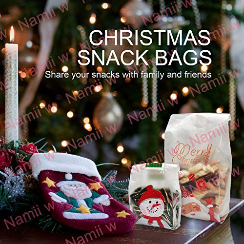 Christmas Cookie Bags Snack Bags Plastic Cookies Bakery Candy Treat Bags for Gift Giving Wrapping Packaging Bags Toaster Bags Santa Claus Snowman Snowflake 100 Pack Cookie Sealing Stickers