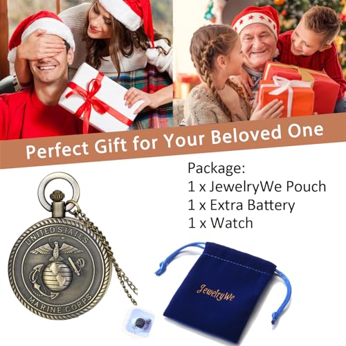 JewelryWe Bronze Retro Pocket Watch Men's United States Marine Corps Veterans Quartz Watch for Christmas