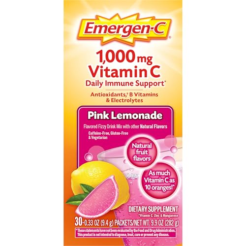 EMERGEN-C 1000MG VITAMIN C IMMUNE SUPPORT POWDER PINK LEMONADE 30CT INCLUDES ZINC, MANGANESE, 7 B VITAMINS AND ELECTROLYTES FOR BACK TO SCHOOL ESSENTIALS