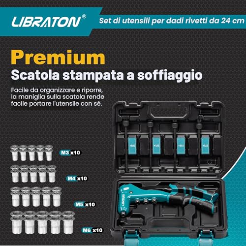 Libraton 9.5 Inch Professional Rivet Nut Rivet Gun Threaded Insert Manual Pliers Rivet Nut with 40pcs Nuts M3 M4 M5 M6 Interchangeable Mandrels 4pcs for Threaded Inserts