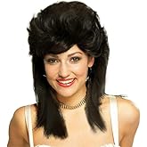 Swiking Black Mullet Wigs for Women Curly Shoulder Length Fluffy Hair 70s 80s Rocker Party Cosplay Synthetic Wigs (Black)