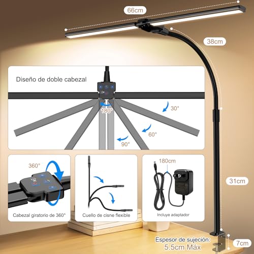 Lampara de Escritorio LED con Control Remoto, 1800LM Luz Escritorio Doble Cabezal Ultra Ancha, 5 Temperaturas Color y 5 Brillos, Lámpara Mesa con Pinza para Monitor, Oficina, Estudio, Lectura y Gaming