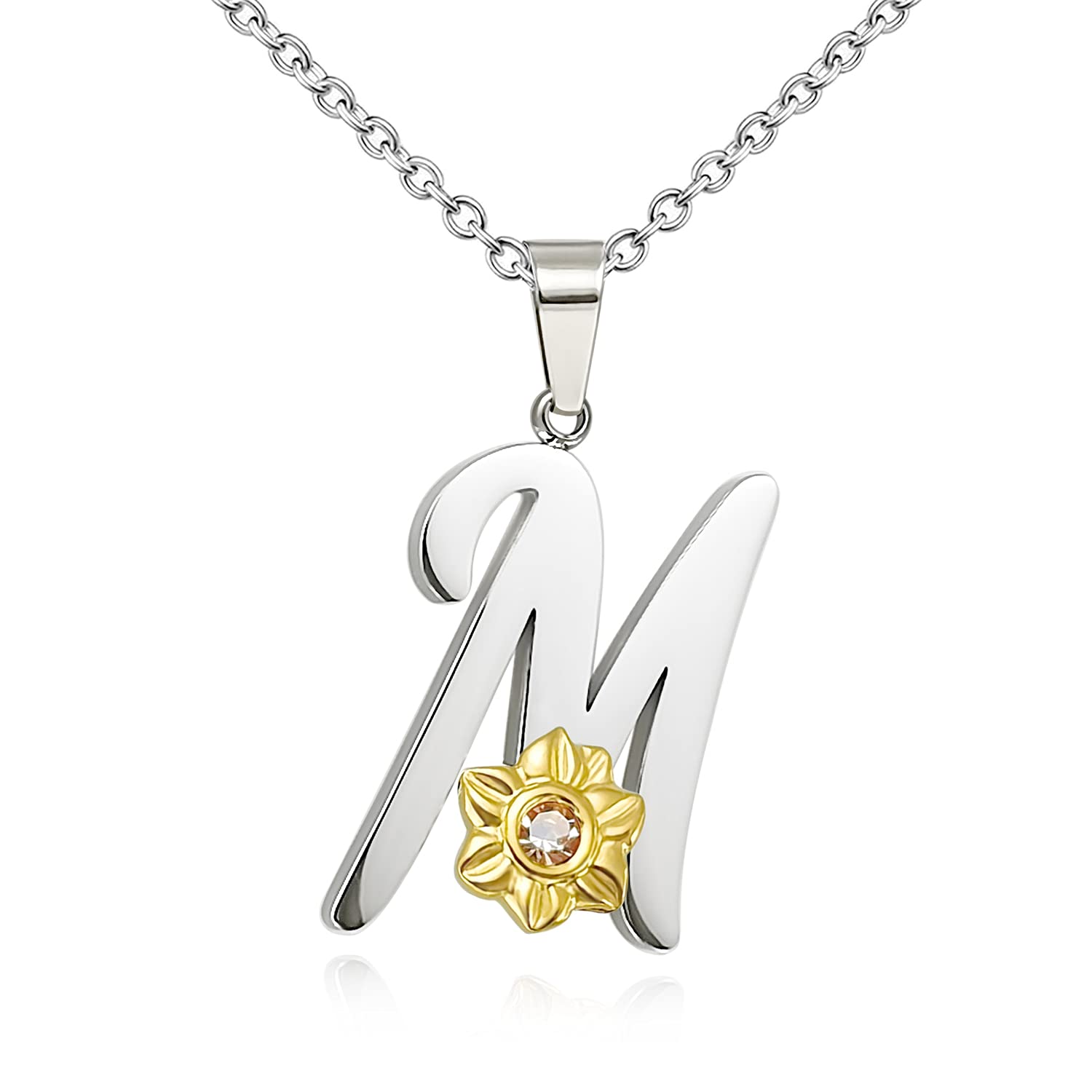 Shining Charm Initial Necklace for Women Birthday Gifts for Mum Flower M Pendant Necklace 18" Letter Necklace for Mothers Day Gifts